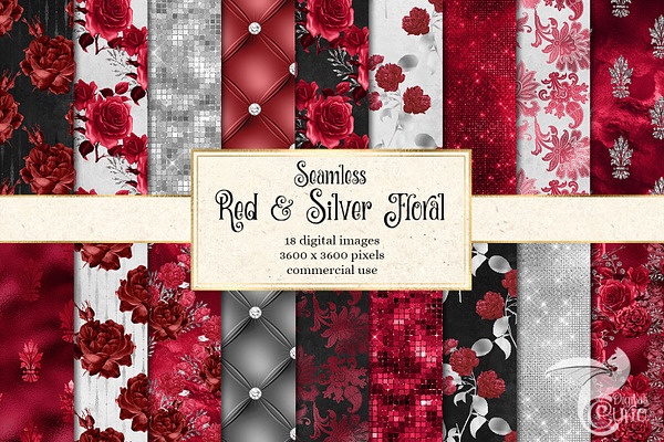 Red & Silver Floral Digital Paper