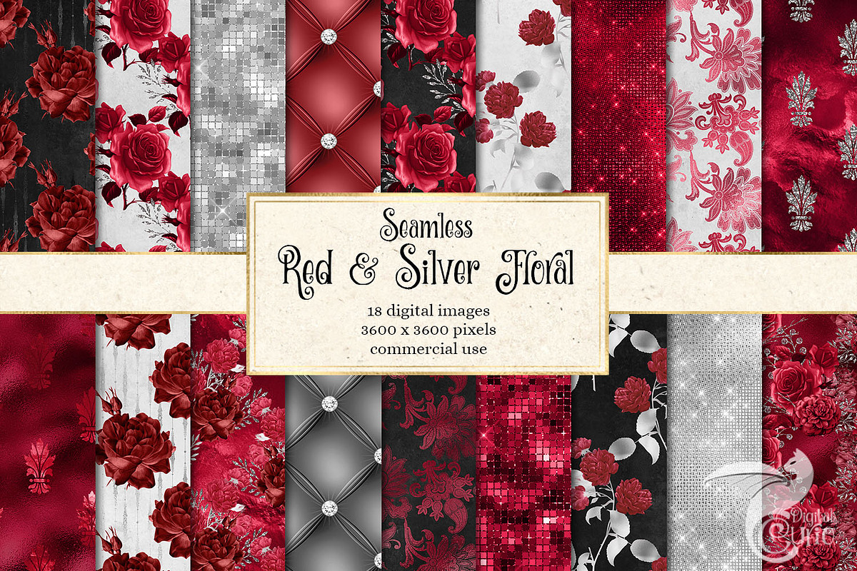 Red & Silver Floral Digital Paper in Patterns - product preview 8