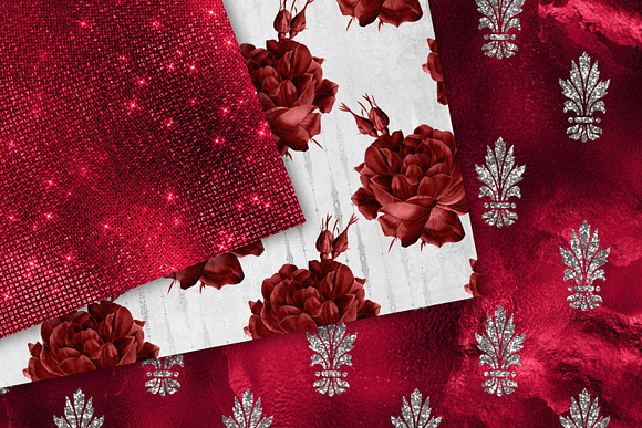 Red & Silver Floral Digital Paper in Patterns - product preview 1