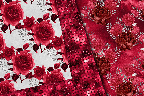 Red & Silver Floral Digital Paper in Patterns - product preview 2