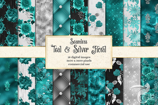 Teal and Silver Floral Digital Paper