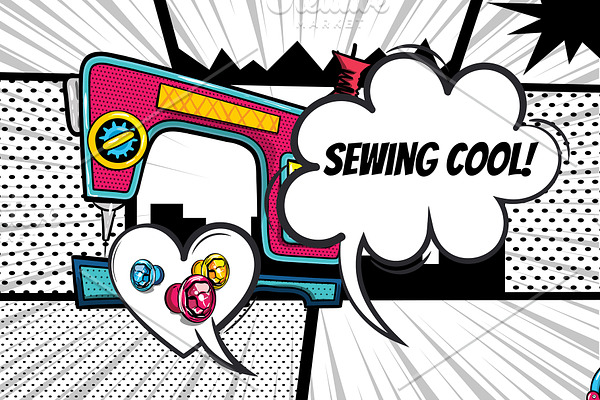 14 sewing tools Set Pop art Sketch