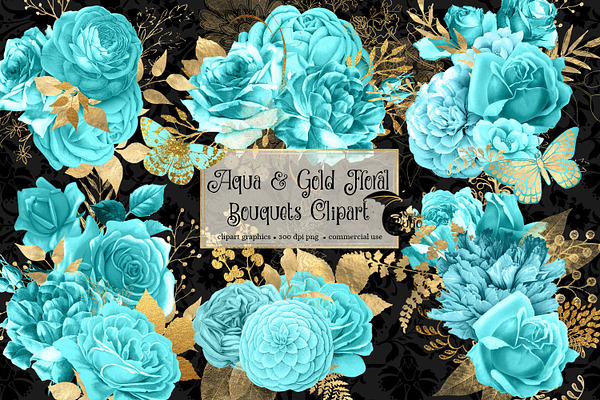 Aqua and Gold Floral Clipart
