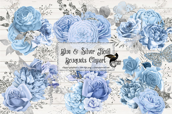 Blue and Silver Floral Clipart