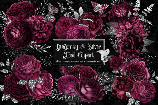 Burgundy and Silver Floral Clipart