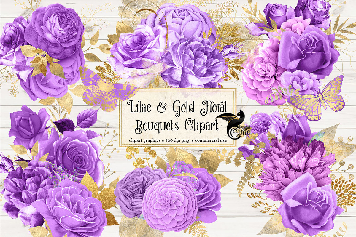 Lilac and Gold Floral Clipart in Illustrations - product preview 8