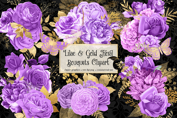 Lilac and Gold Floral Clipart in Illustrations - product preview 1