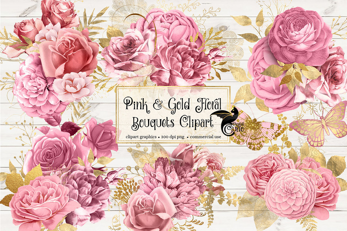 Pink and Gold Floral Clipart in Illustrations - product preview 8