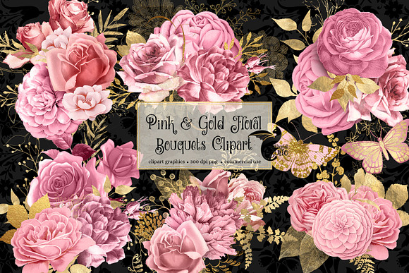 Pink and Gold Floral Clipart in Illustrations - product preview 1