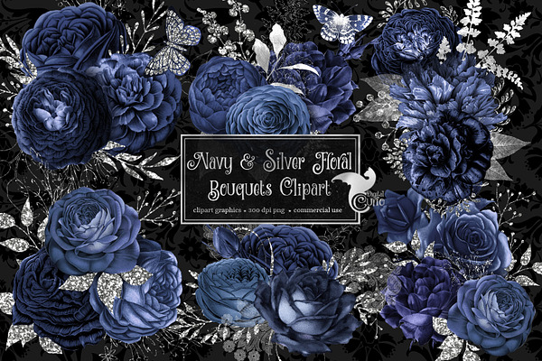 Navy and Silver Floral Clipart