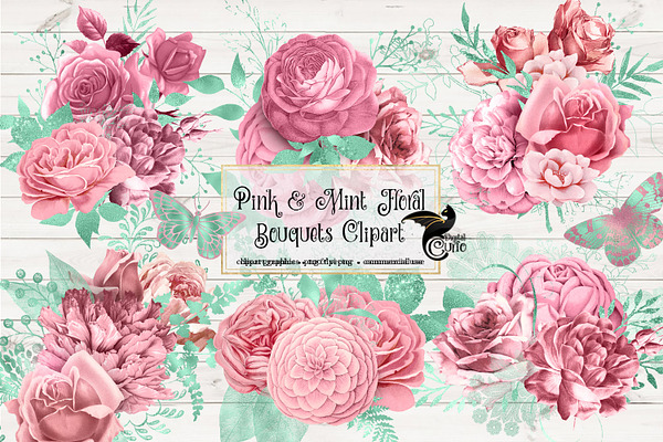 Pink and Mint Floral Clipart