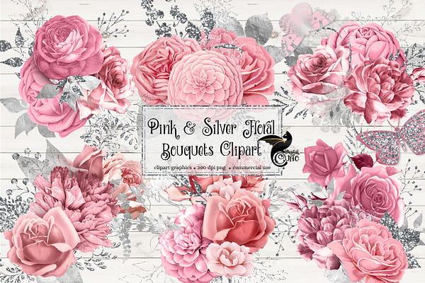 Pink and Silver Floral Clipart