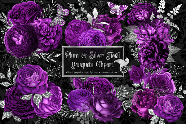 Plum and Silver Floral Clipart