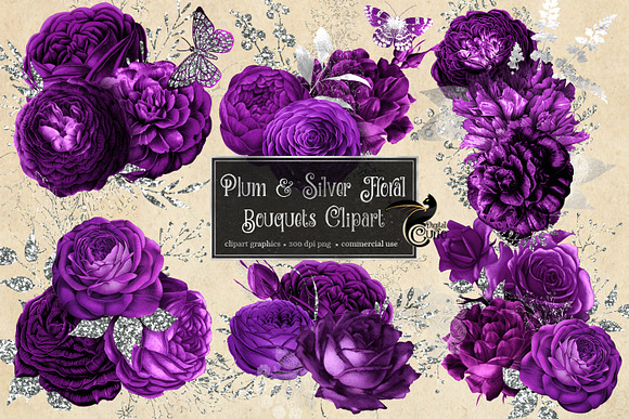 Plum and Silver Floral Clipart in Illustrations - product preview 1
