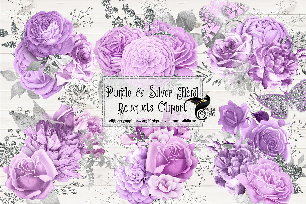 Purple and Silver Floral Clipart in Illustrations - product preview 8