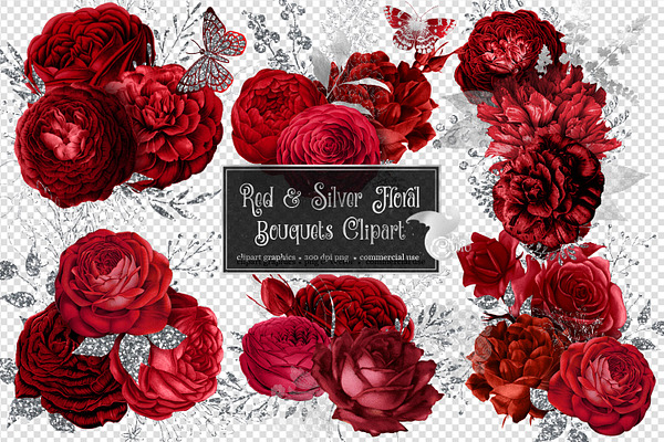 Red and Silver Floral Clipart