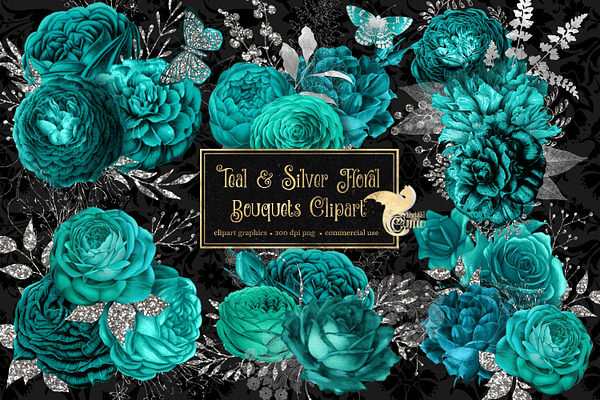 Teal and Silver Floral Clipart