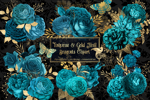 Turquoise and Gold Floral Clipart