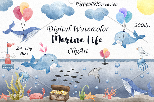 Watercolor Marine life clipart