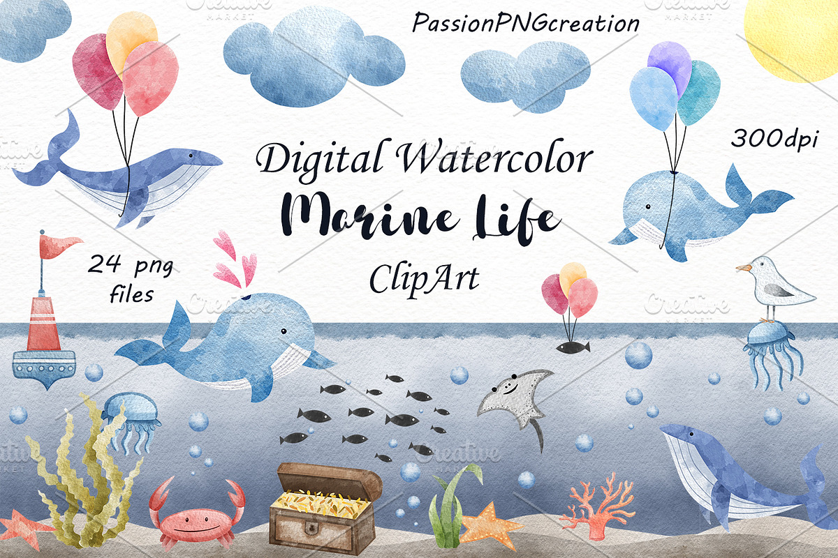 Watercolor Marine life clipart in Illustrations - product preview 8