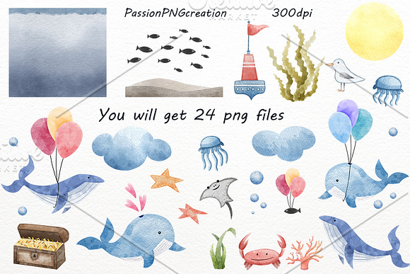 Watercolor Marine life clipart in Illustrations - product preview 2