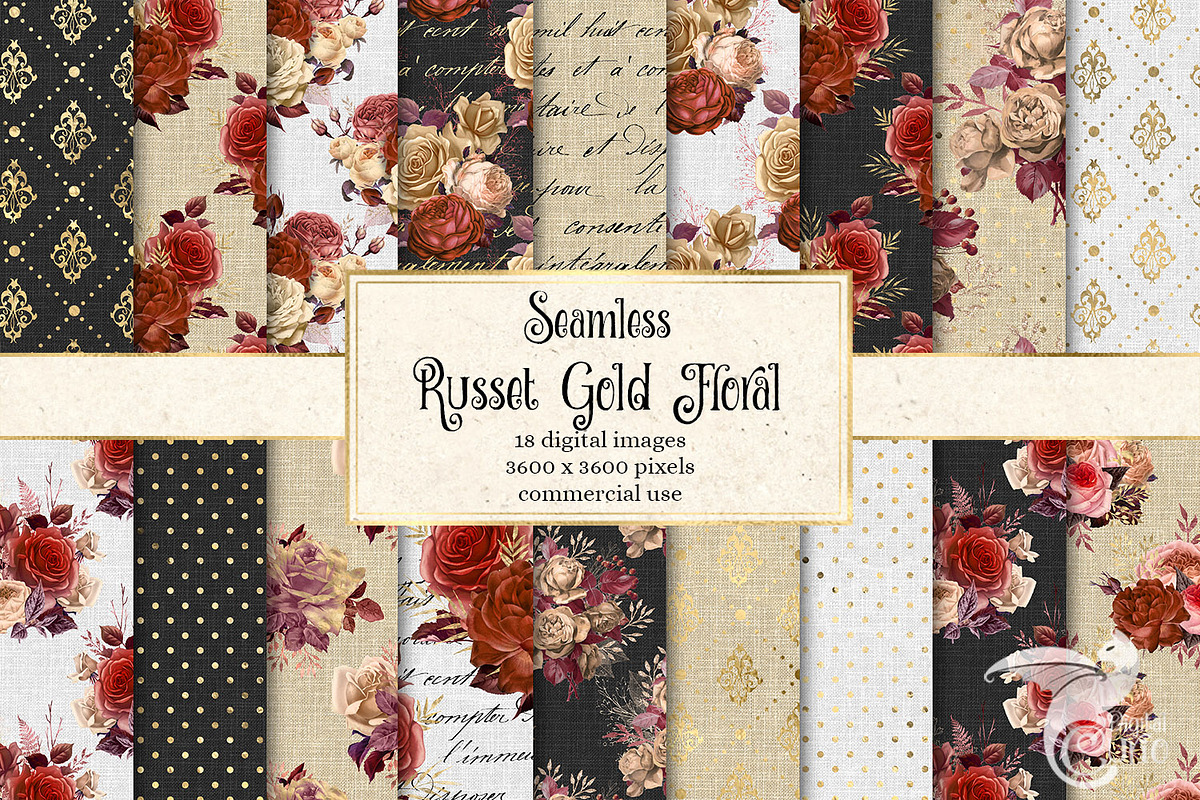 Russet Gold Floral Digital Paper in Patterns - product preview 8