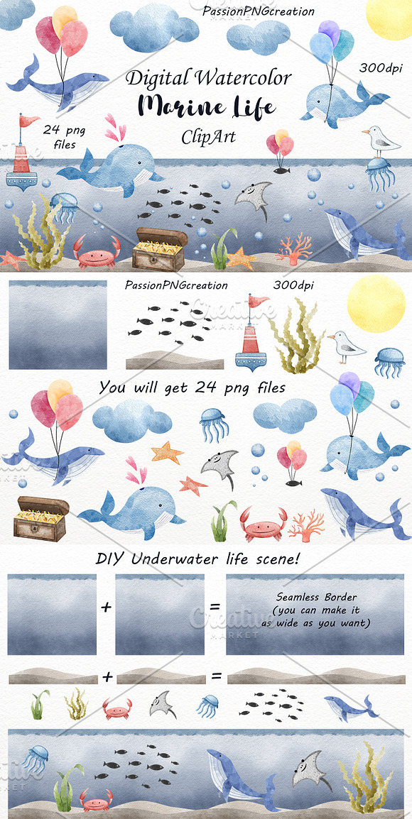 Watercolor Marine life clipart in Illustrations - product preview 4