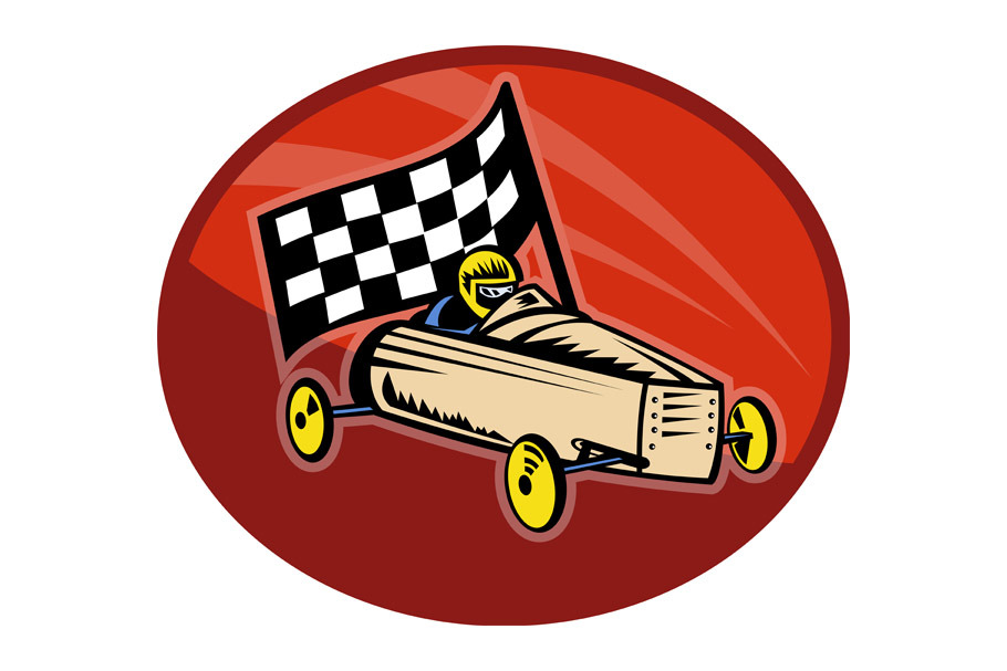 Soap box derby racing with race flag
