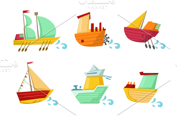 Set of colorful wooden ships with