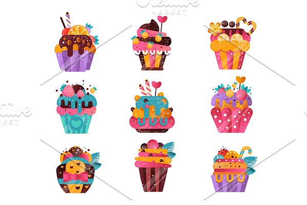 Flat vector set of tasty cupcakes