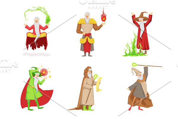 Flat vector set of fantasy wizards
