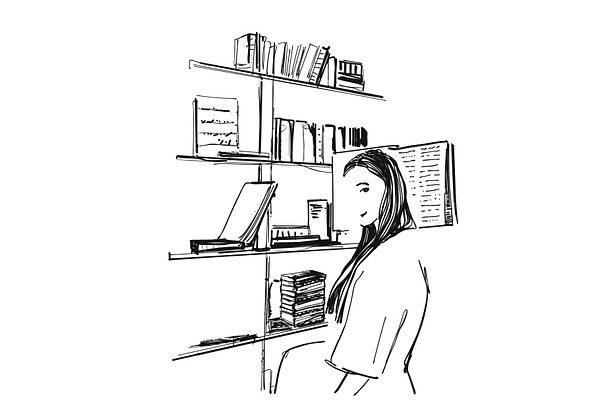 Girl in the library. Books sketch