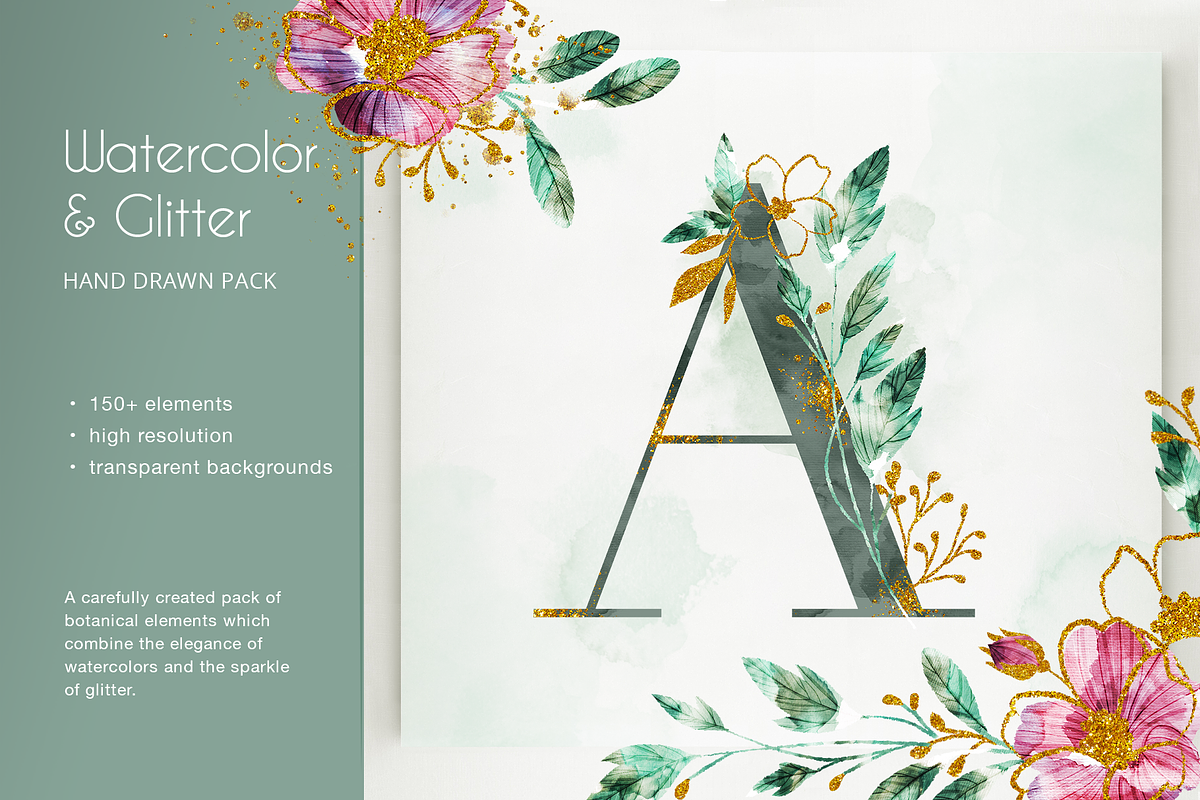 Watercolor & Glitter-Botanical Pack in Illustrations - product preview 8