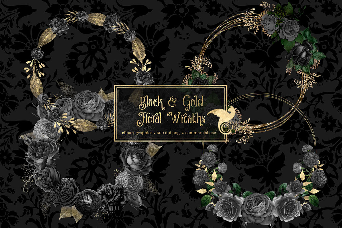 Black and Gold Floral Wreaths in Illustrations - product preview 8