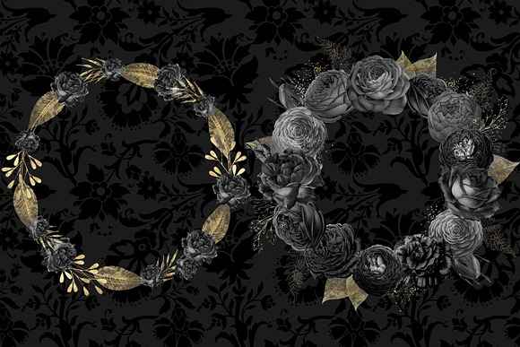 Black and Gold Floral Wreaths in Illustrations - product preview 1