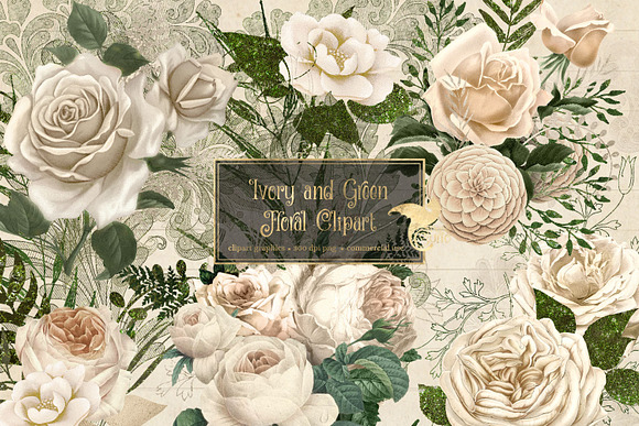Ivory & Green Floral Clipart in Illustrations - product preview 1