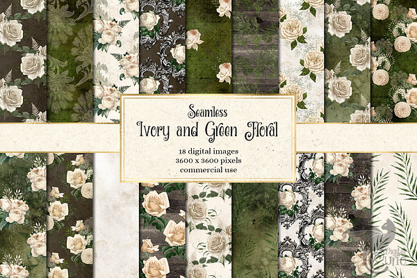 Ivory and Green Floral Digital Paper