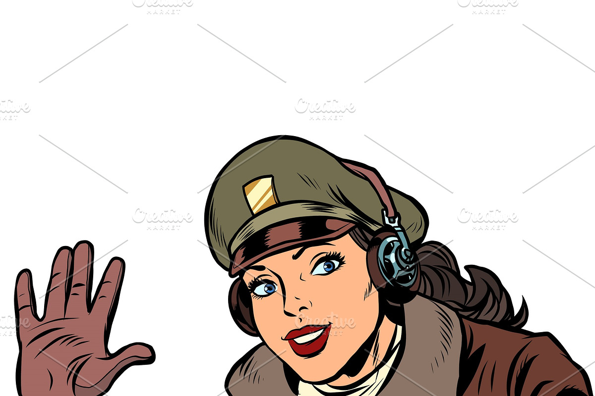 girl woman retro Aviator pilot in Illustrations - product preview 8