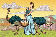 ostrich farm eggs. woman peasant