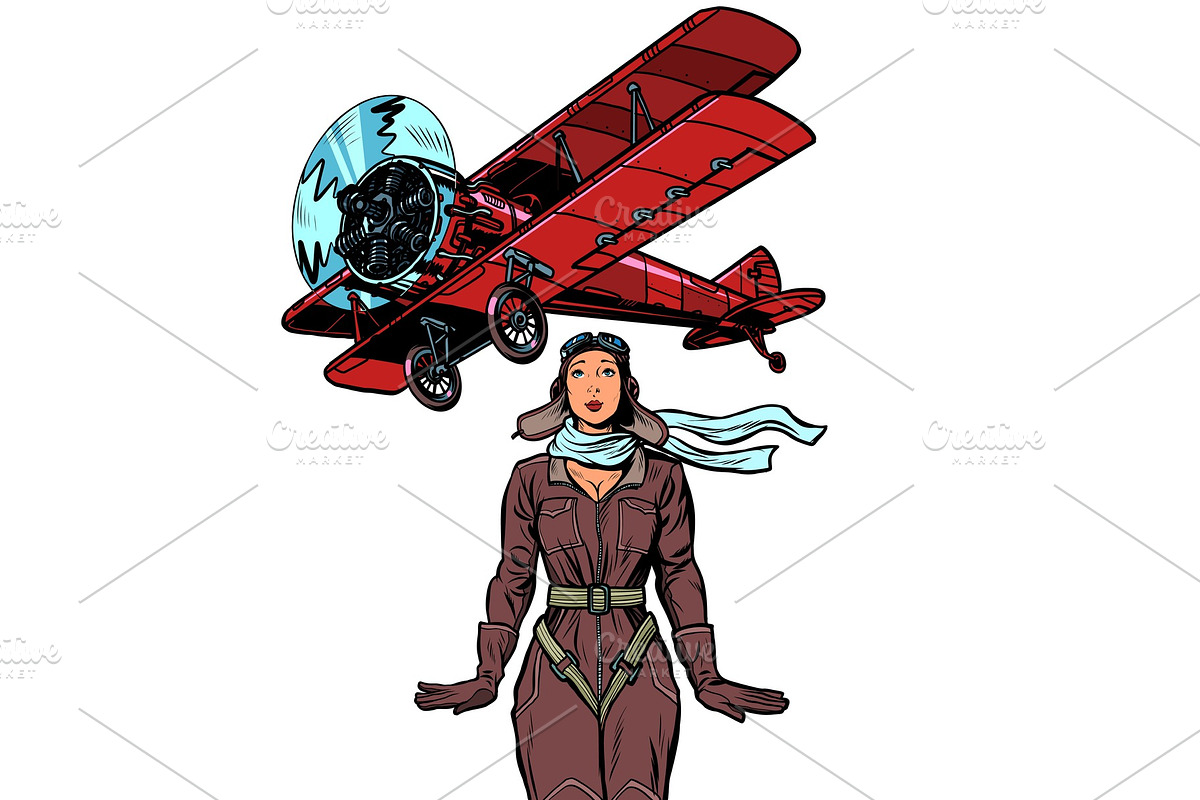 woman pilot of a vintage biplane in Illustrations - product preview 8