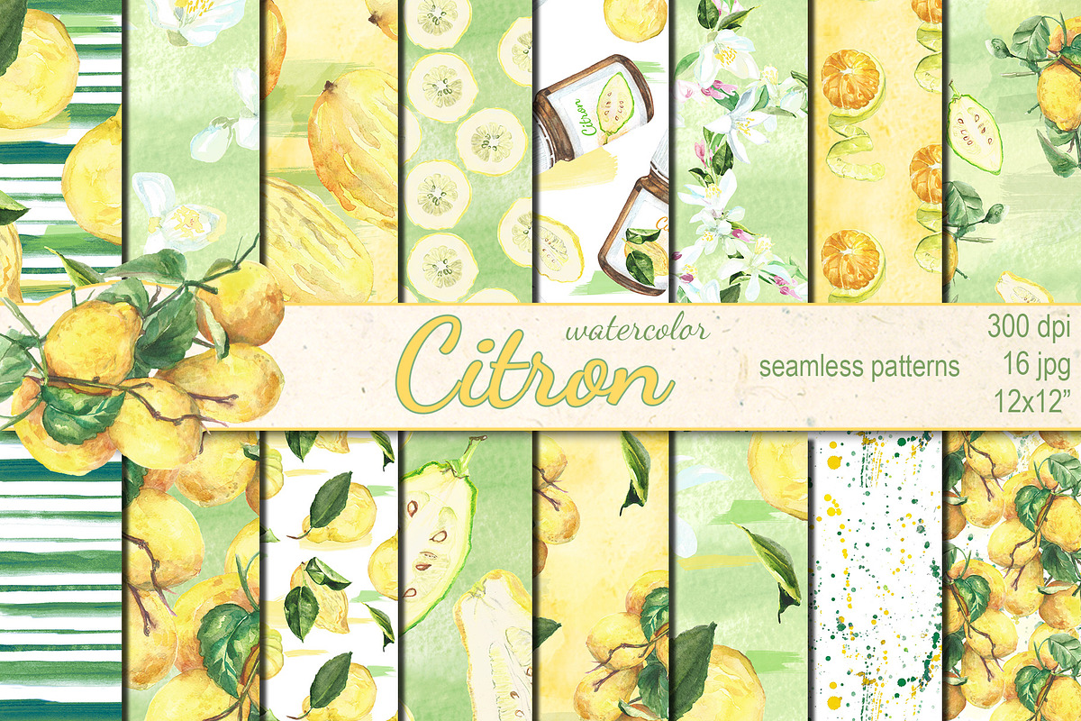 Watercolor Citron seamless patterns in Patterns - product preview 8
