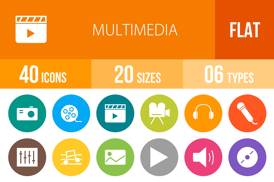 40 Multimedia Flat Round Icons