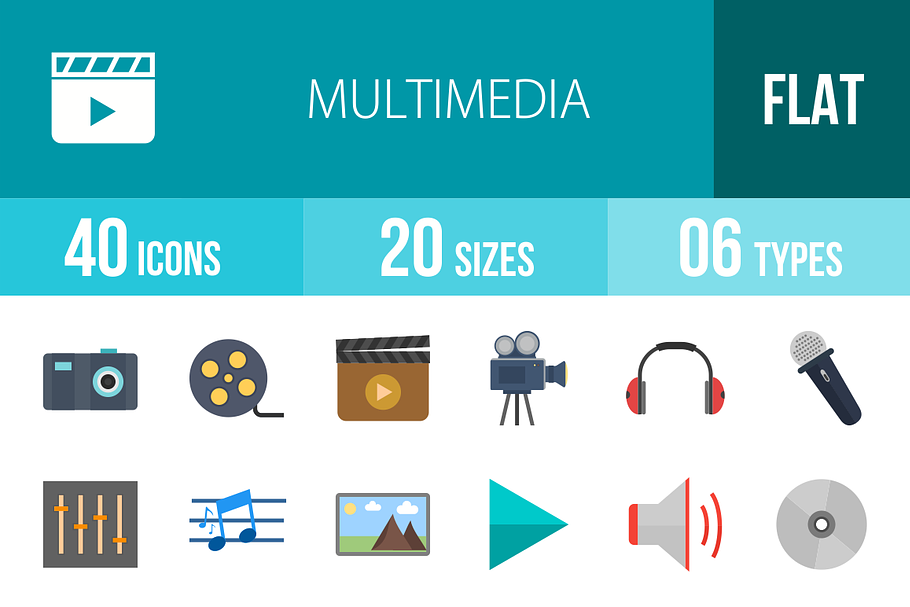 40 Multimedia Flat Multicolor Icons