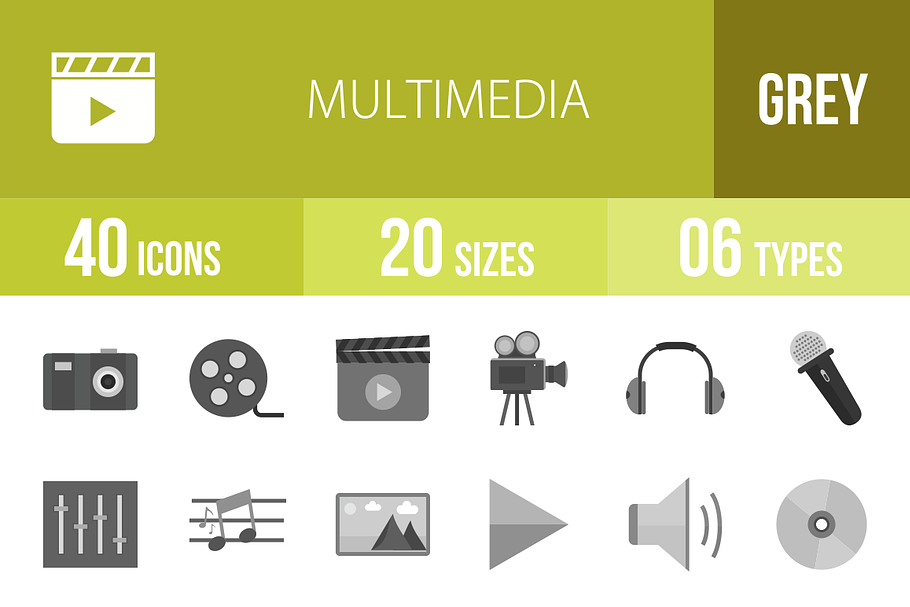 40 Multimedia Greyscale Icons in Graphics - product preview 8