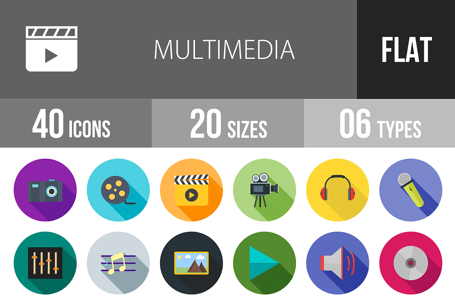 40 Multimedia Flat Shadowed Icons