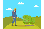 Worker with Sprayer on Hill Vector