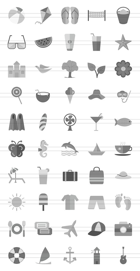 50 Summer Greyscale Icons in Graphics - product preview 1
