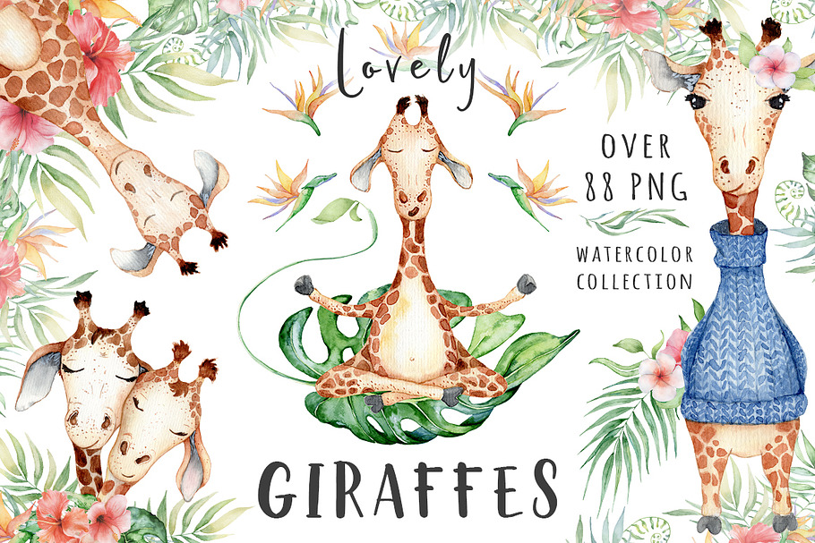 Lovely Giraffes watercolor set in Illustrations - product preview 8
