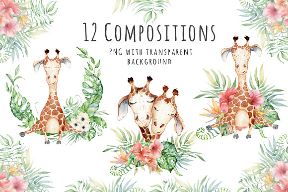 Lovely Giraffes watercolor set in Illustrations - product preview 5