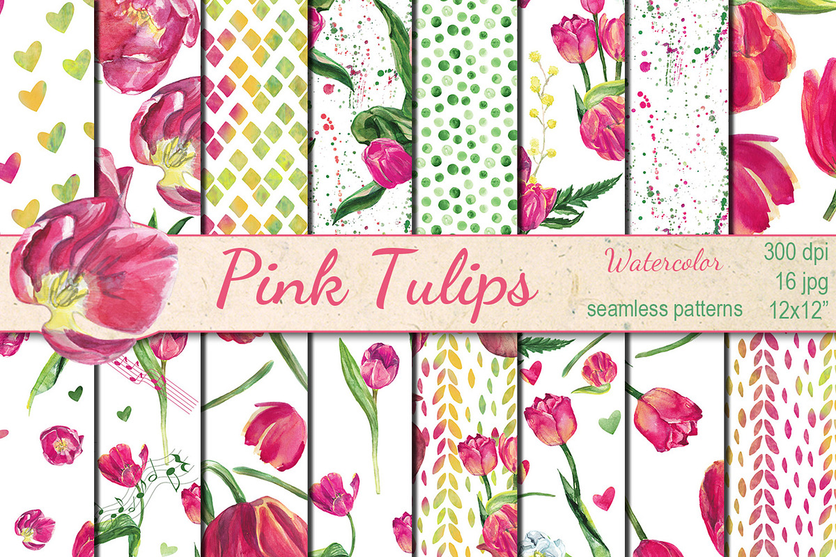 Watercolor Pink tulips patterns in Patterns - product preview 8